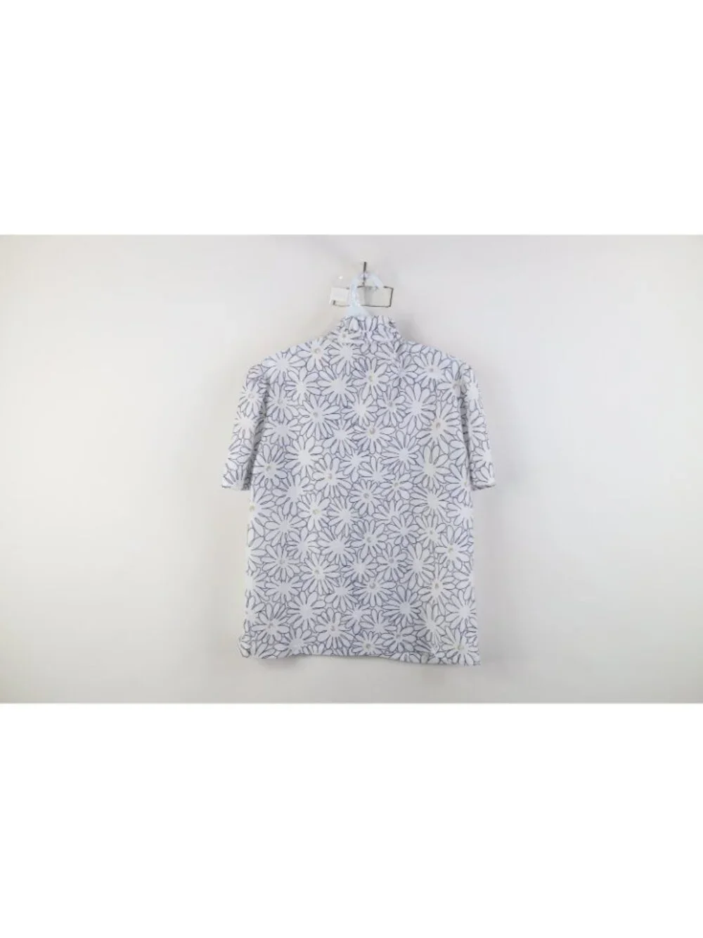 Vtg 70s Mid Century Modern MCM Womens L Flower Pussybow Knit Button Shirt USA